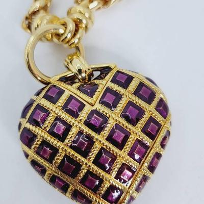 Joan Rivers Enameled Purple Rhinestone Heart Necklace 