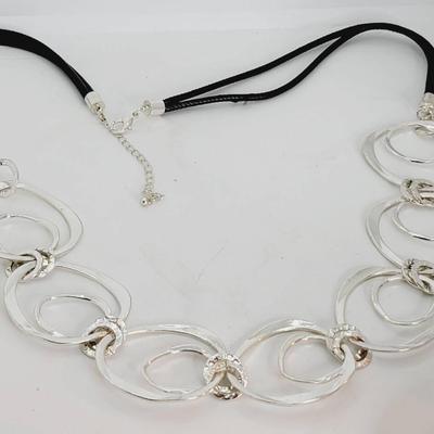 Silver Tone Linked Circles Statement Necklace Black Cord 