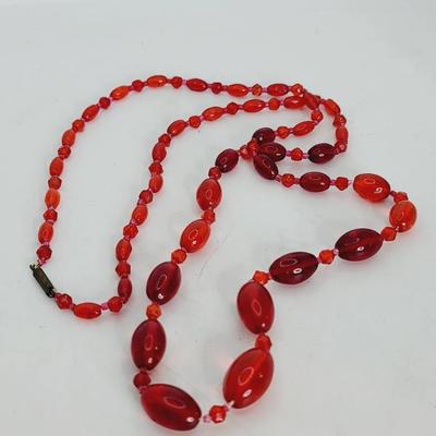 Ruby Glass Antique Beaded Necklace Faceted and Round Beads