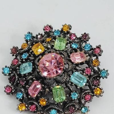 Coro Vibrant Colorful Rhinestone Dome Pin Brooch