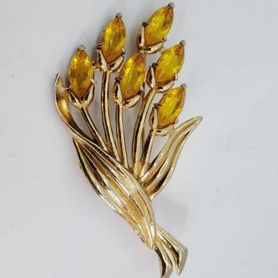 Coro Signed 1940s Flower Spray Brooch Pin with Citrine Rhinestones