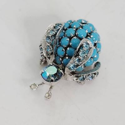 Signed Blue Rhinestone Beetle Pin Joseph Warner