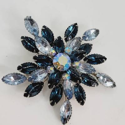 Mixed Blues Rhinestone Starburst Pin Large Vintage Brooch