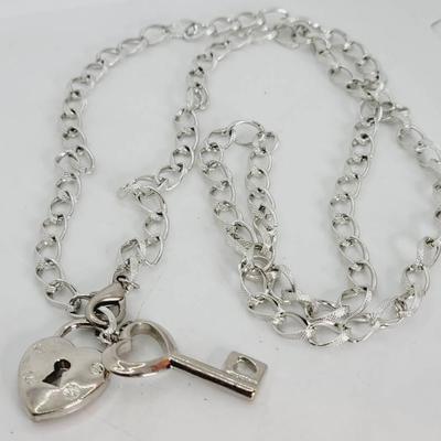 Key To Heart Long Silvertone Necklace 
