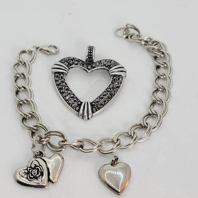 Silver Tone Heart Jewelry Pendant Bracelet 3pc 