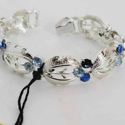 Rare New Old Corocraft Blue Rhinestone Leaf Bracelet 