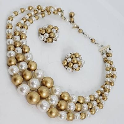 Gold Tone And Faux Pearl Japan 3 Strand Necklace And Earrings In Box