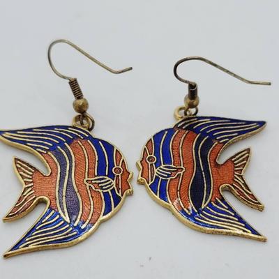 Cloisonne Enamel Fish Earrings Goldtone 