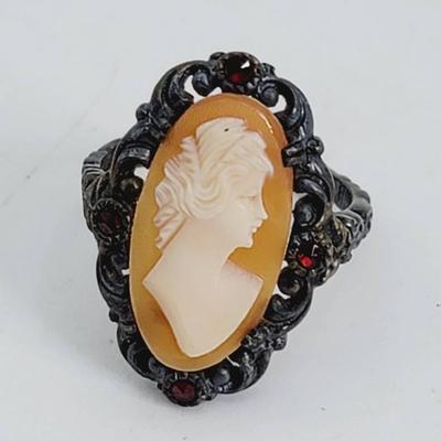 Sterling Cameo Antique Ring Size 7 Red Rhinestone 