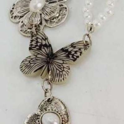 Butterfly and Floral Faux Pearl and Silver Tone Necklace 