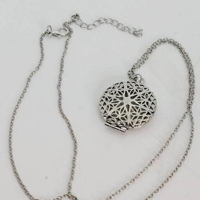 Locket Necklace Silvertone Openwork Filigree Style 