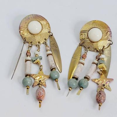Gold Tone Multi Stone Boho Southwest Dangle Earrings 
