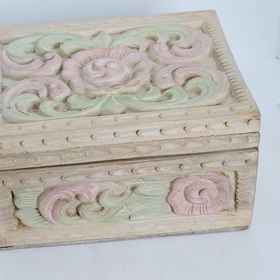 Carved Floral Wooden Jewelry Trinket Box