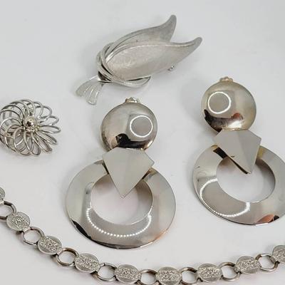 Sarah Coventry and Other Silver Tone Jewelry Lot - Earrings Pins Bracelet 