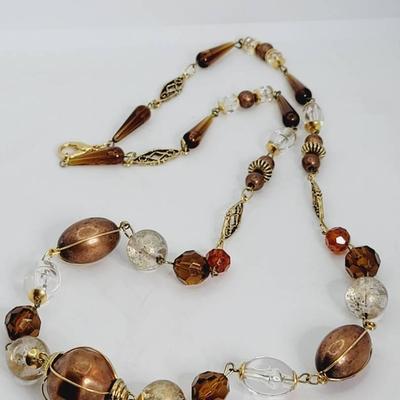 Express Necklace with Brown Clear Beads and Gold Tone Chain Hand Made In Italy
