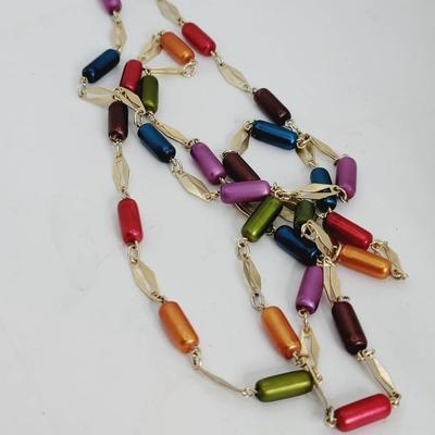 Colorful Barrel Beaded Necklace - Faux Pearl and Gold Tone Link Necklace Mid Century 