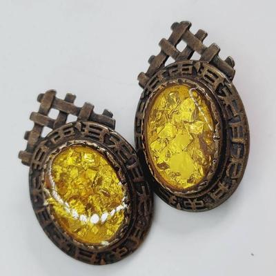 Marshall Fields Asian Style Large Clip Earrings Gold Foil