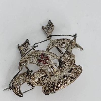 Sterling Silver Filigree Sailing Tall Ship Brooch Pin