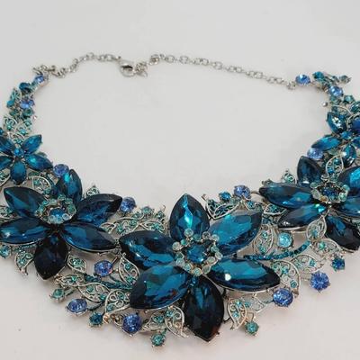 Blue Rhinestone Dramatic Bib Necklace Silvertone 