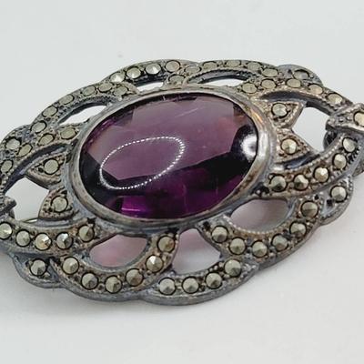 Amethyst Glass and Marcasite Sterling Vintage Brooch Pin