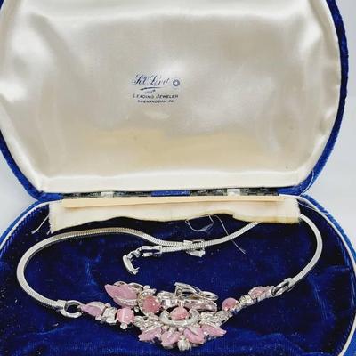 Mazer 1949 "Le Printemps" Necklace and Earrings Pink Moonglow Pave Rhinestones In Box 