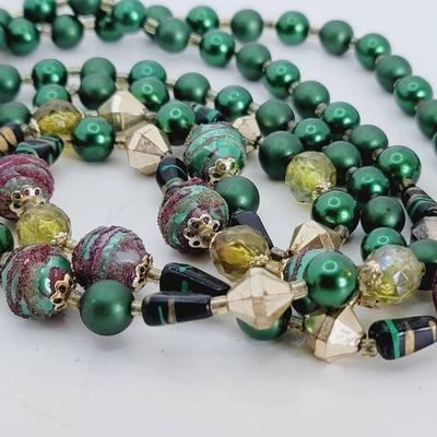 Japan 2 Strand Textured Bead Necklace Green And Goldtone 