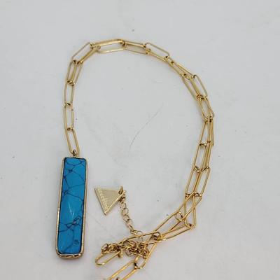 Strafing Gold Tone Blue Stone Pendant Necklace 