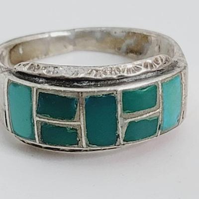Sz 10 Sterling Turquoise Signed Southwest Ring