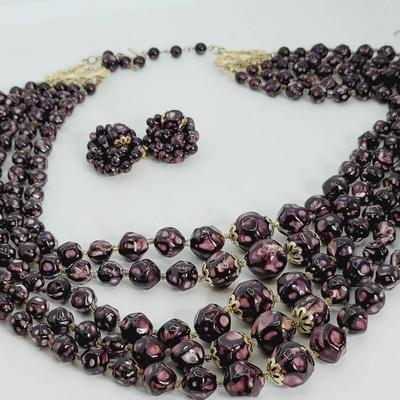 Stunning 5 Strand Hong Kong Necklace And Earrings Raspberry Grape Beads