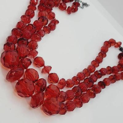 Faceted Ruby Plastic Graduated Bead Necklace 3 Strand