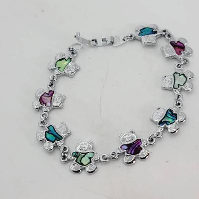 Abalone Slice Inlay Silvertone Bear Bracelet 