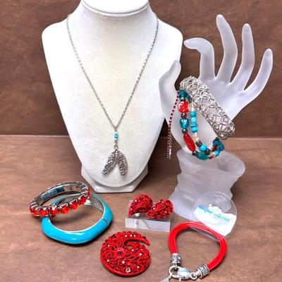 Vintage Rhinestone Brooch, Red Leather Bracelet, & More! 