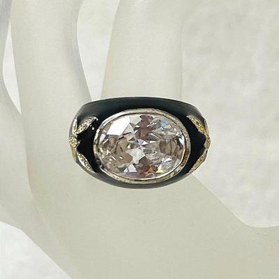 Rare Sterling Silver, Black Enamel, and Cubic Zirconia Ring
