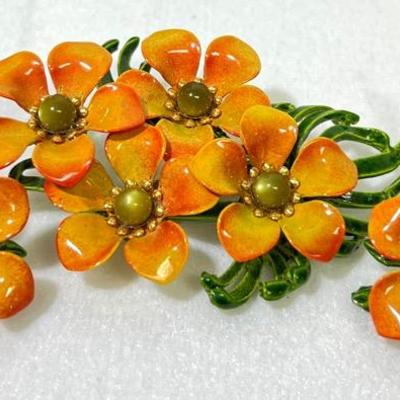 Vintage Enamel Floral Brooch & Earring Set