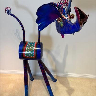 Whimsical Painted Metal Elephant Sculpture – Blue & Multicolor Mixed Media | 4 Ft Tall