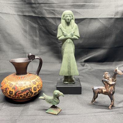 Ancient-Style Replicas | Greek Corinthian Oinochoe, Egyptian Louvre Figure & Bronze Style Animals