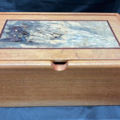 Signed Handcrafted Wood Jewelry Box with Burl Inlay & Velvet Lining