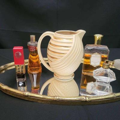 Vintage Vanity Lot – Wade England Gold-Accented Pitcher, Perfume Bottles & Bamboo-Style Mirror Tray