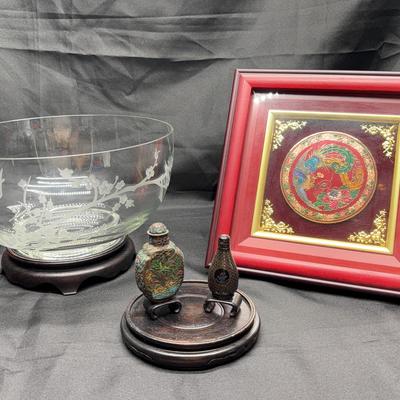 Asian Decorative Lot – Etched Glass Bowl, Cloisonné Snuff Bottles & Framed Dragon Medallion