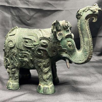 Bronze-Style Elephant Sculpture with Asian Motifs