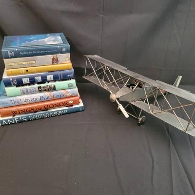 Hana & Krause Metal Biplane Sculpture with WWI Aviation Book Collection