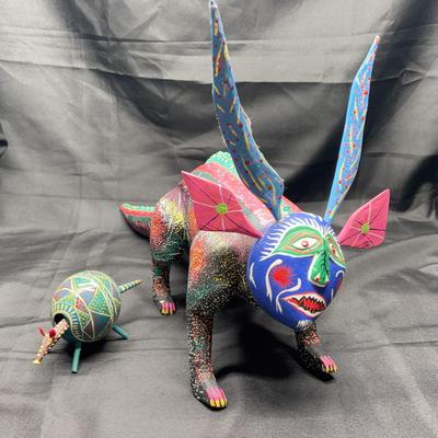 Mexican Alebrijes Hand-Painted Wood Figures – Large Fantasy Creature & Armadillo