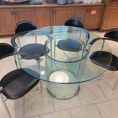 Modern Glass & Chrome Dining Table with 6 Black Upholstered Chairs