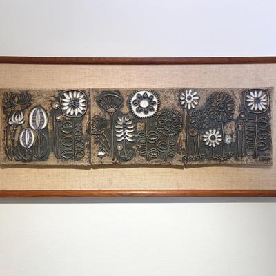 Mid-Century Victoria Littlejohn Ceramic Tile Wall Panel – Floral Relief, Teak Frame