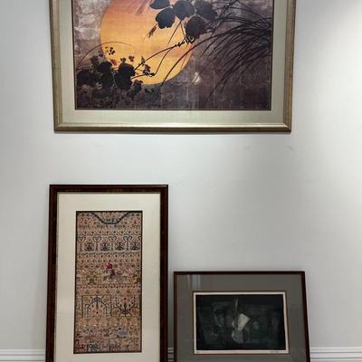 Art Lot – Signed Bob Held Abstract Print, Framed Needlepoint Print & Asian Moonlit Botanical Print