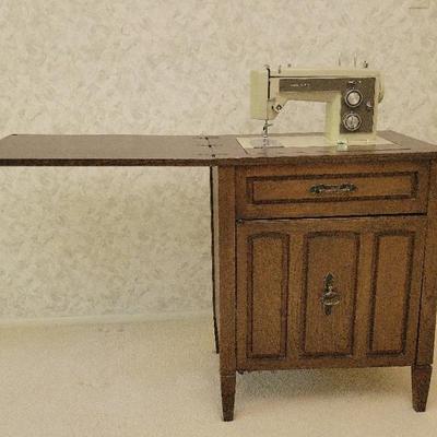 Vintage Sears Kenmore Sewing Machine in Wood Cabinet with Fold-Out Table
