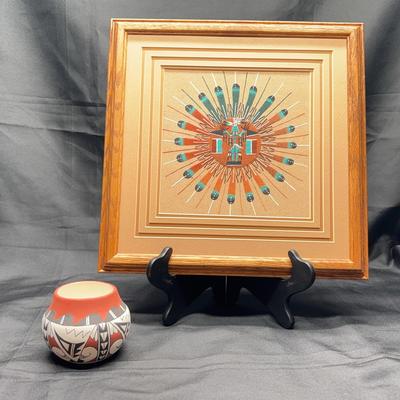 Native American Art Lot – Framed Sandpainting & Hand-Painted Pottery Vessel by Nez
