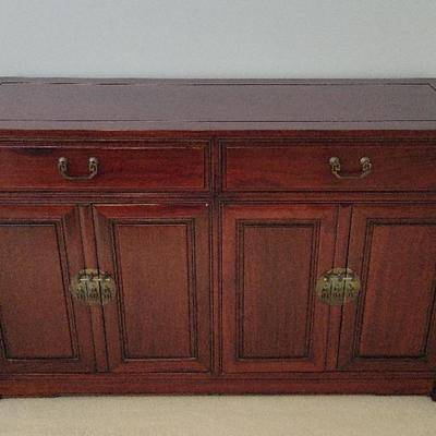 Asian-Inspired Wooden Sideboard – Brass Hardware, 2 Drawers & 4 Doors