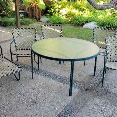 Outdoor Patio Furniture Set – Glass-Top Table, 4 Chairs & Chaise Lounge with Webbed Seats