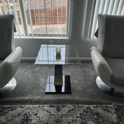 3 pc glass and satin tables -- $600
Rug $125

og pp $1069.18